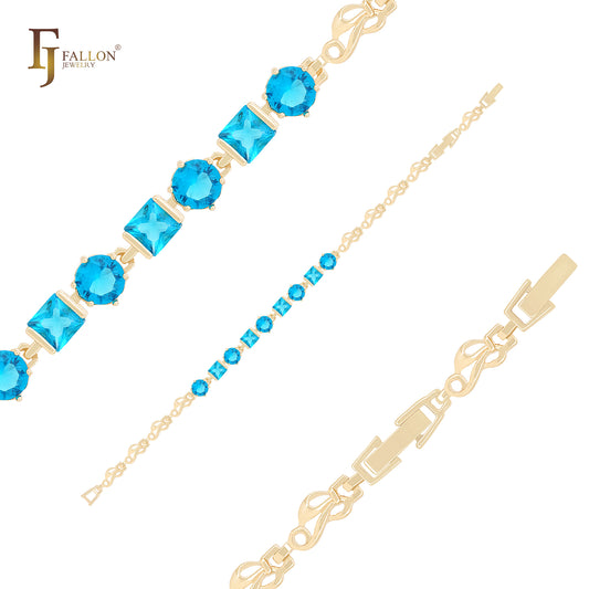 Cluster lake blue CZs link 14K Gold Bracelets