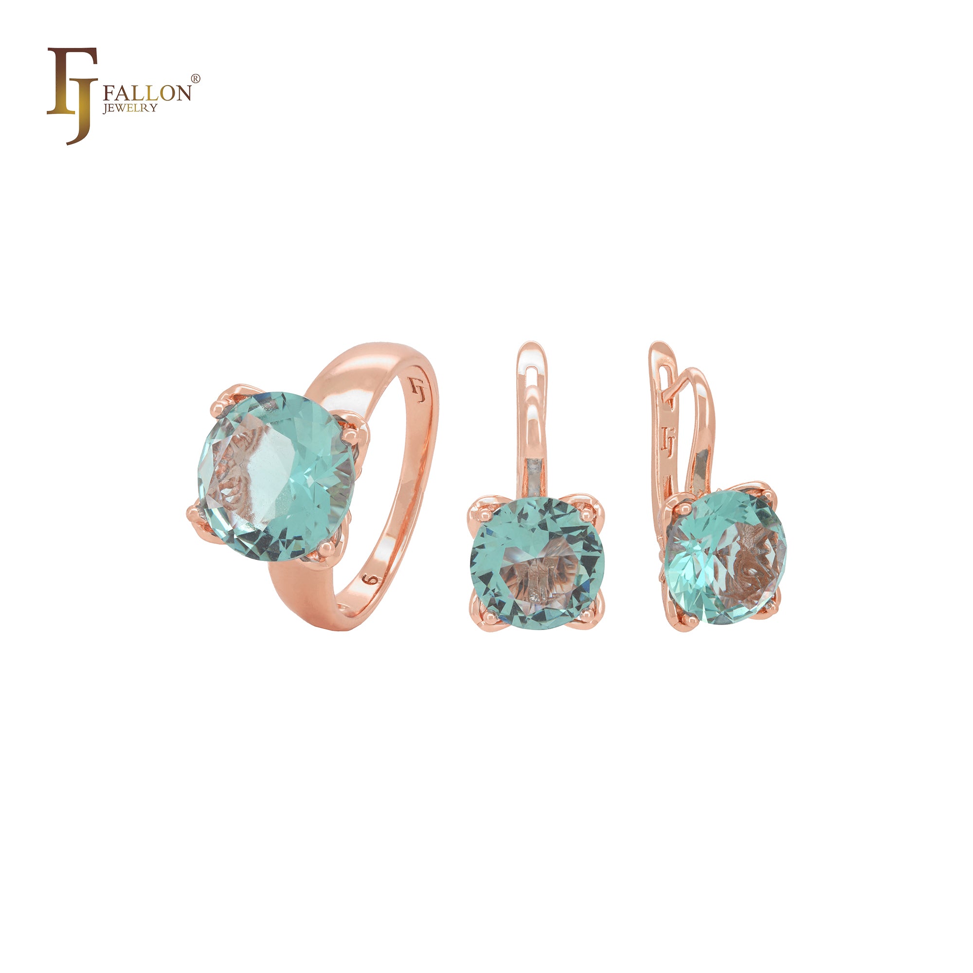 Elegante conjunto de joyas minimalistas de solitario redondeado con garras en color verde manzana y circonita cúbica en oro rosa con anillos