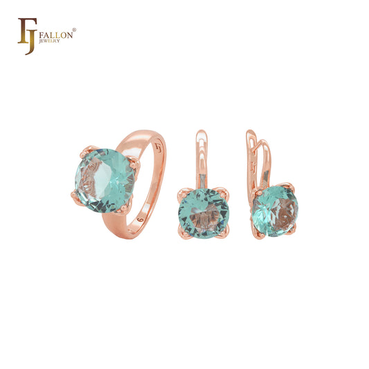 Elegantes, minimalistisches, abgerundetes Solitär-Schmuckset mit apfelgrünen Zirkonia-Ringen aus Roségold