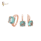 Elegante conjunto de joyas minimalistas de solitario redondeado con garras en color verde manzana y circonita cúbica en oro rosa con anillos