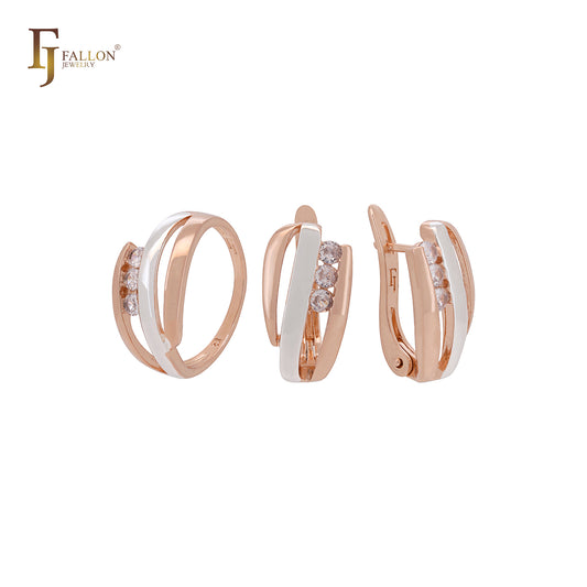 Triple row cluster rounded white CZs Rose Gold two tone Jewelry Set with Rings