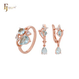 Cluster Lake Blue white CZs of Butterfly Rose Gold two tone Jewelry Set with Rings