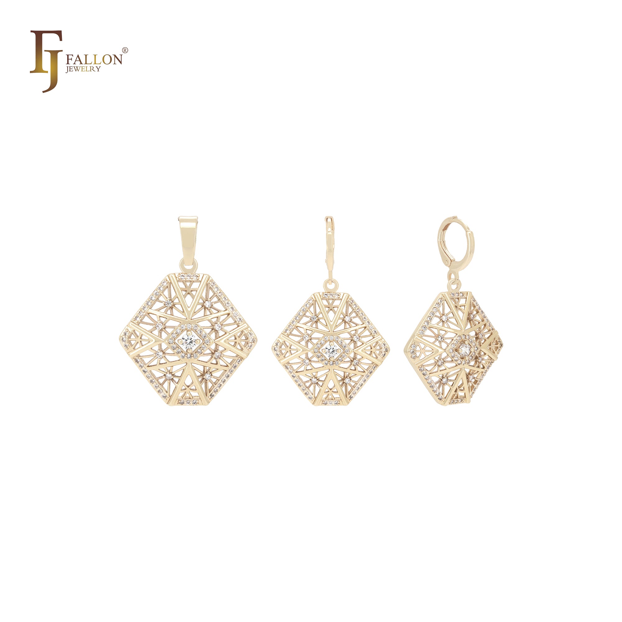 Conjunto de joias de ouro 14K com pingente e filigrana hexagonal alta de zircônias cúbicas brancas