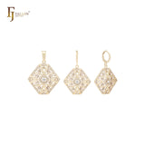 Conjunto de joias de ouro 14K com pingente e filigrana hexagonal alta de zircônias cúbicas brancas