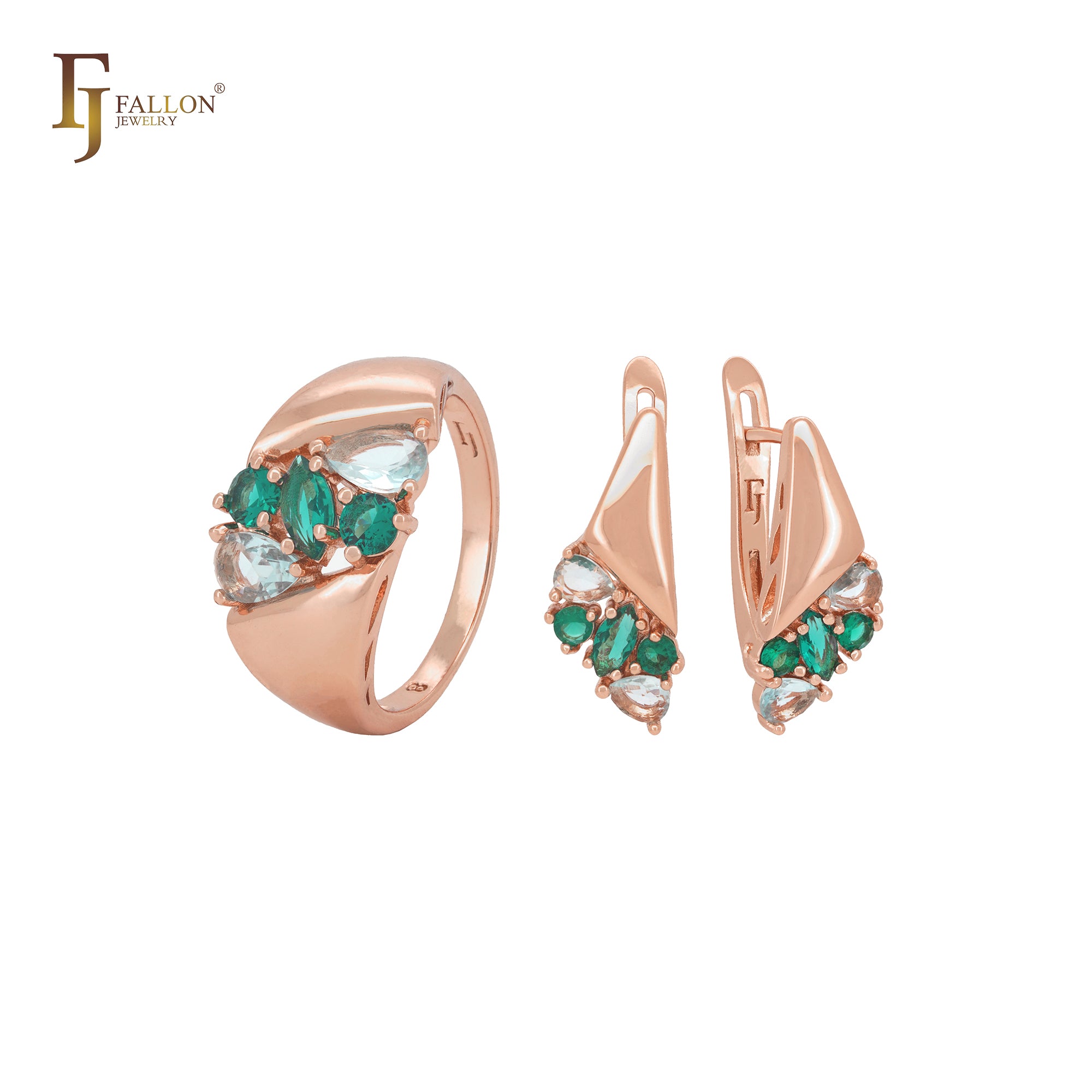 Conjunto de joias luxuosas em ouro rosa com zircônias cúbicas brancas e verdes