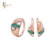 Conjunto de joias luxuosas em ouro rosa com zircônias cúbicas brancas e verdes