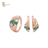 Conjunto de joias luxuosas em ouro rosa com zircônias cúbicas brancas e verdes