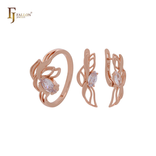 Elegant leaves flowers of solitaire White CZ Rose Gold Jewelry Set with Rings