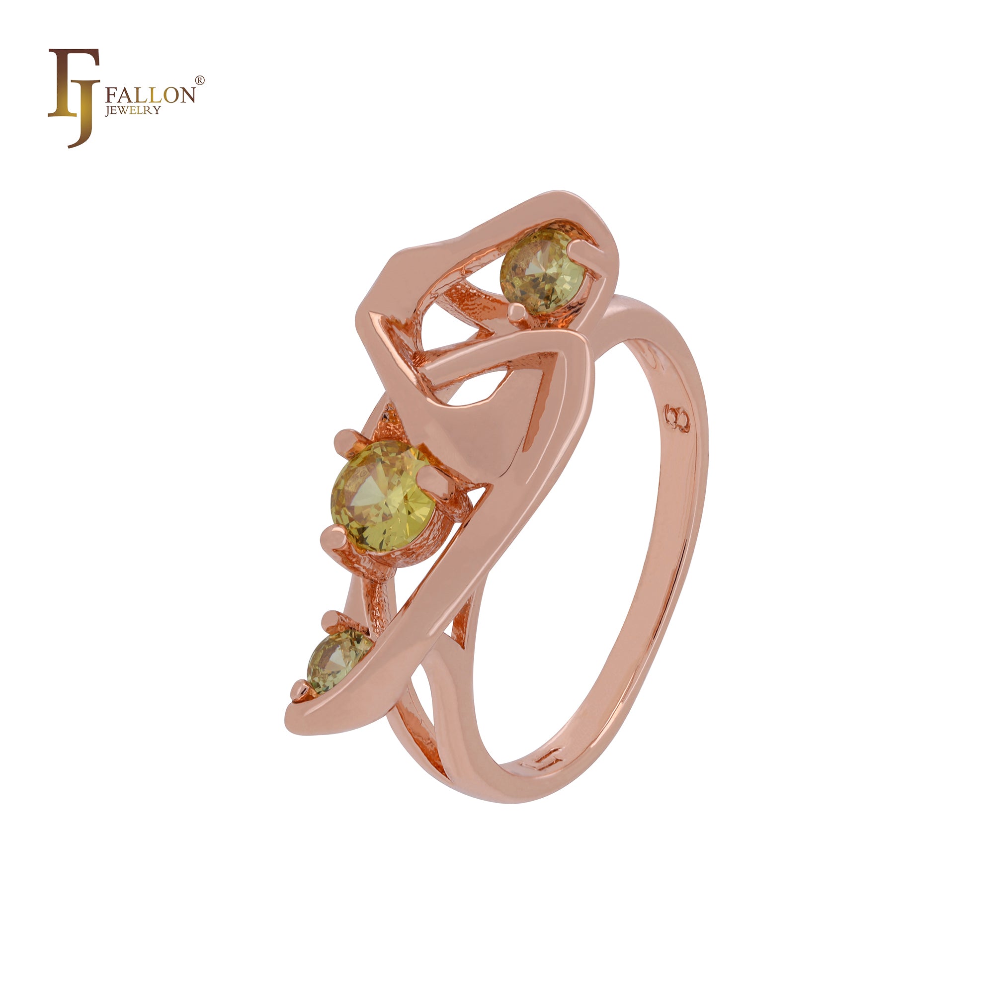 Doppelt gekreuzte dreieckige geometrische Ringe mit olivgrünen Zirkonia in Roségold
