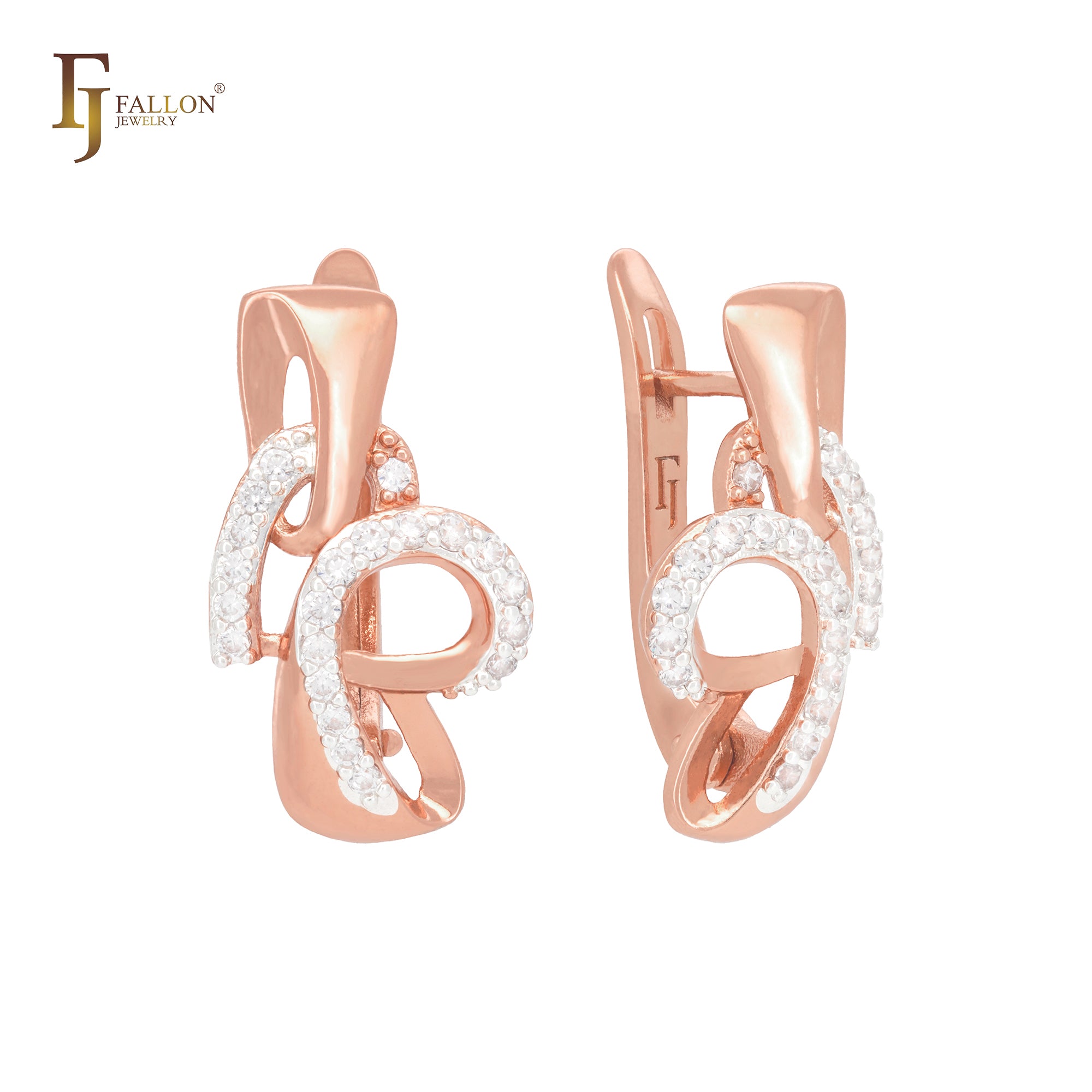Interlocking wires of white CZs Rose Gold Russian Lock Earrings