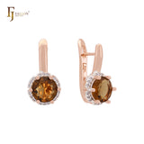 Solitaire Halo Big Rounded Colorful CZ Rose Gold two tone Clip-On Earrings