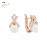 Interlocking white CZs pearl Rose Gold two tone Russian Lock Earrings