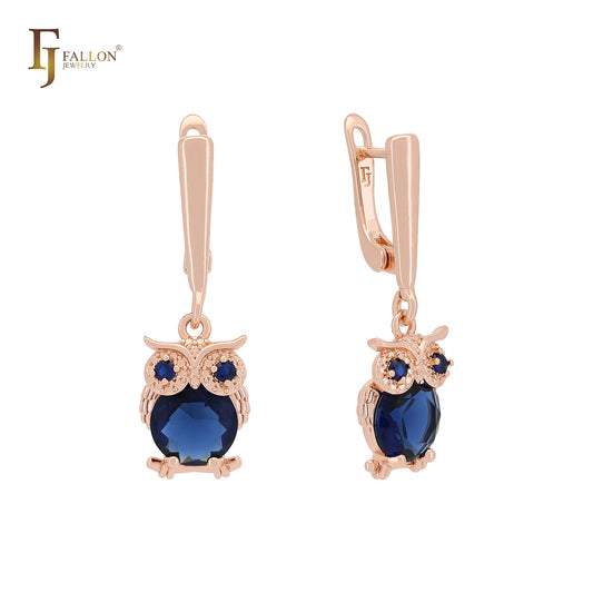 Little Owl of Deep Blue CZs Rose Gold Clip-On Earrings