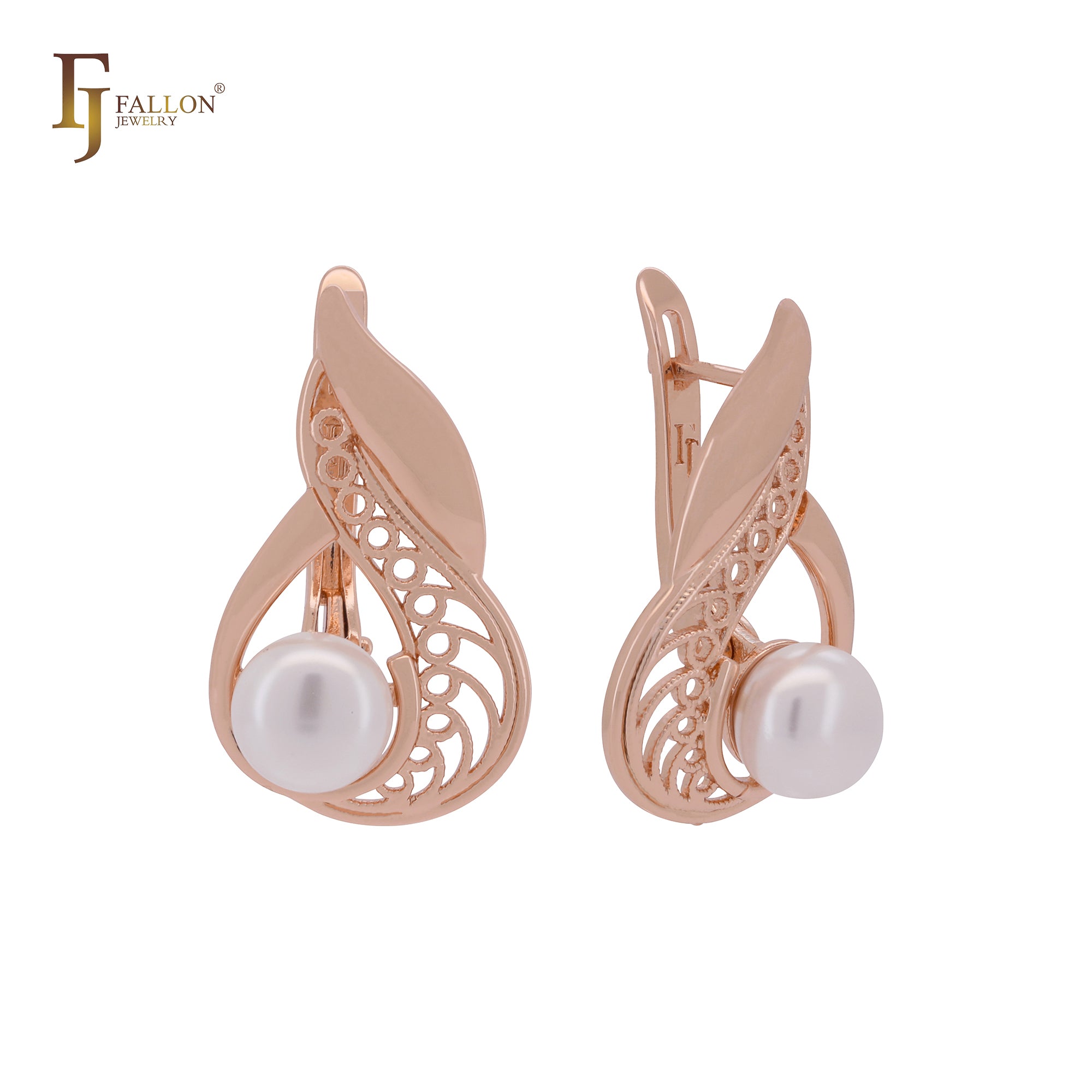 Great filigree clawed pearl Rose Gold Russian Lock Earrings
