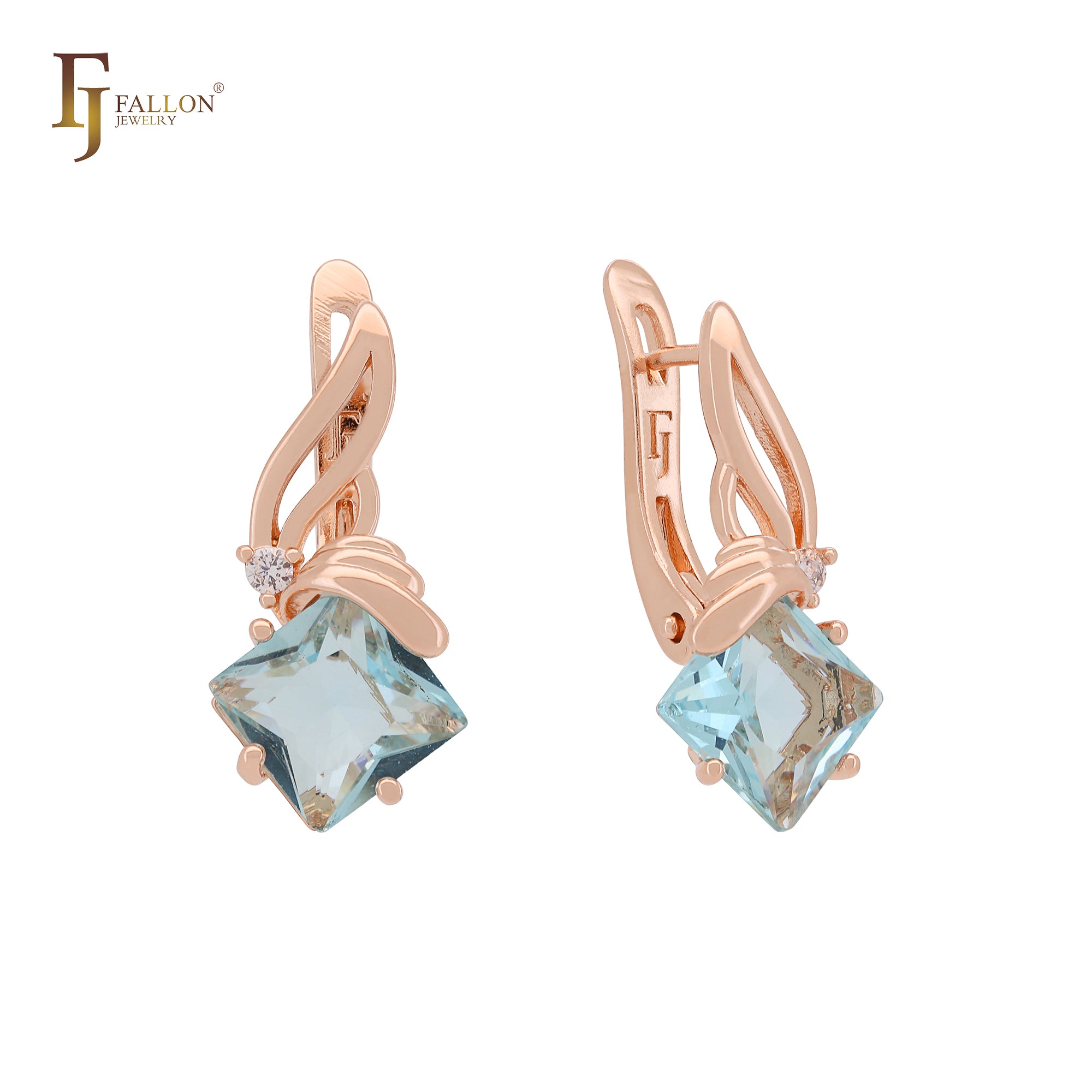 Asscher Cut Lake Blue Ribbon Rose Gold Russian Lock Earrings