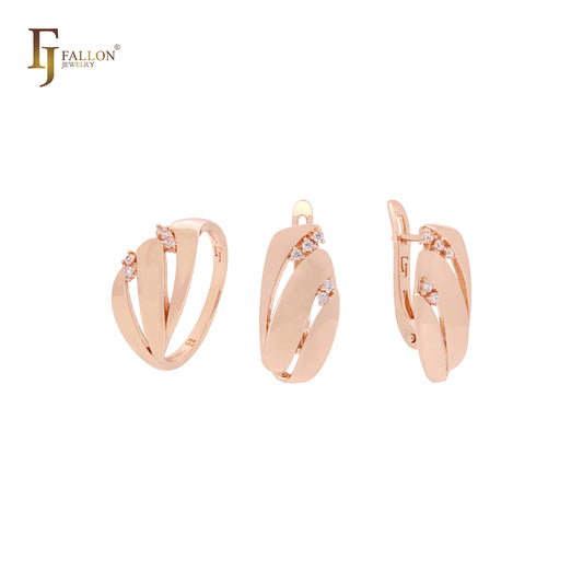Geometric triple row white CZs Rose Gold Jewelry Set with Rings