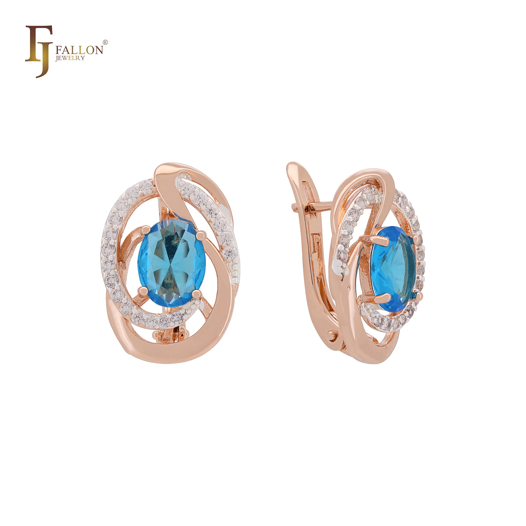 Solitaire Halo Ocean Blue White CZs Rose Gold two tone Clip-On Earrings
