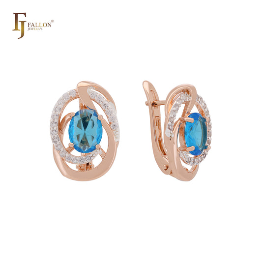 Solitaire Halo Ocean Blue White CZs Rose Gold two tone Clip-On Earrings