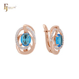 Solitaire Halo Ocean Blue White CZs Rose Gold two tone Clip-On Earrings