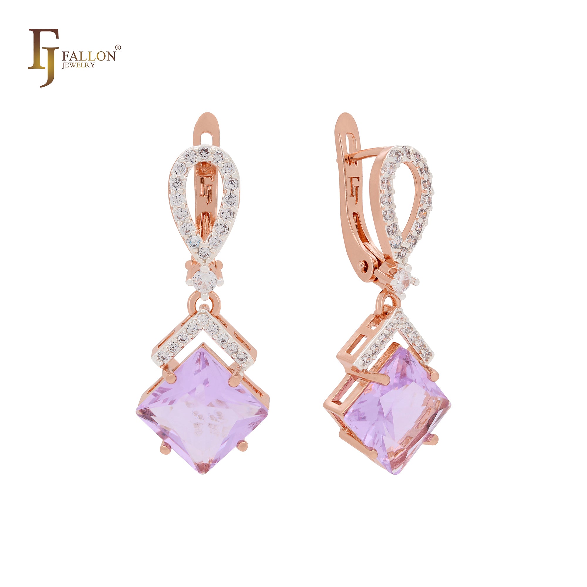 Dangling rhombus shape lake blue CZ with white CZs band Rose Gold Russian Lock Earrings