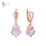 Dangling rhombus shape lake blue CZ with white CZs band Rose Gold Russian Lock Earrings