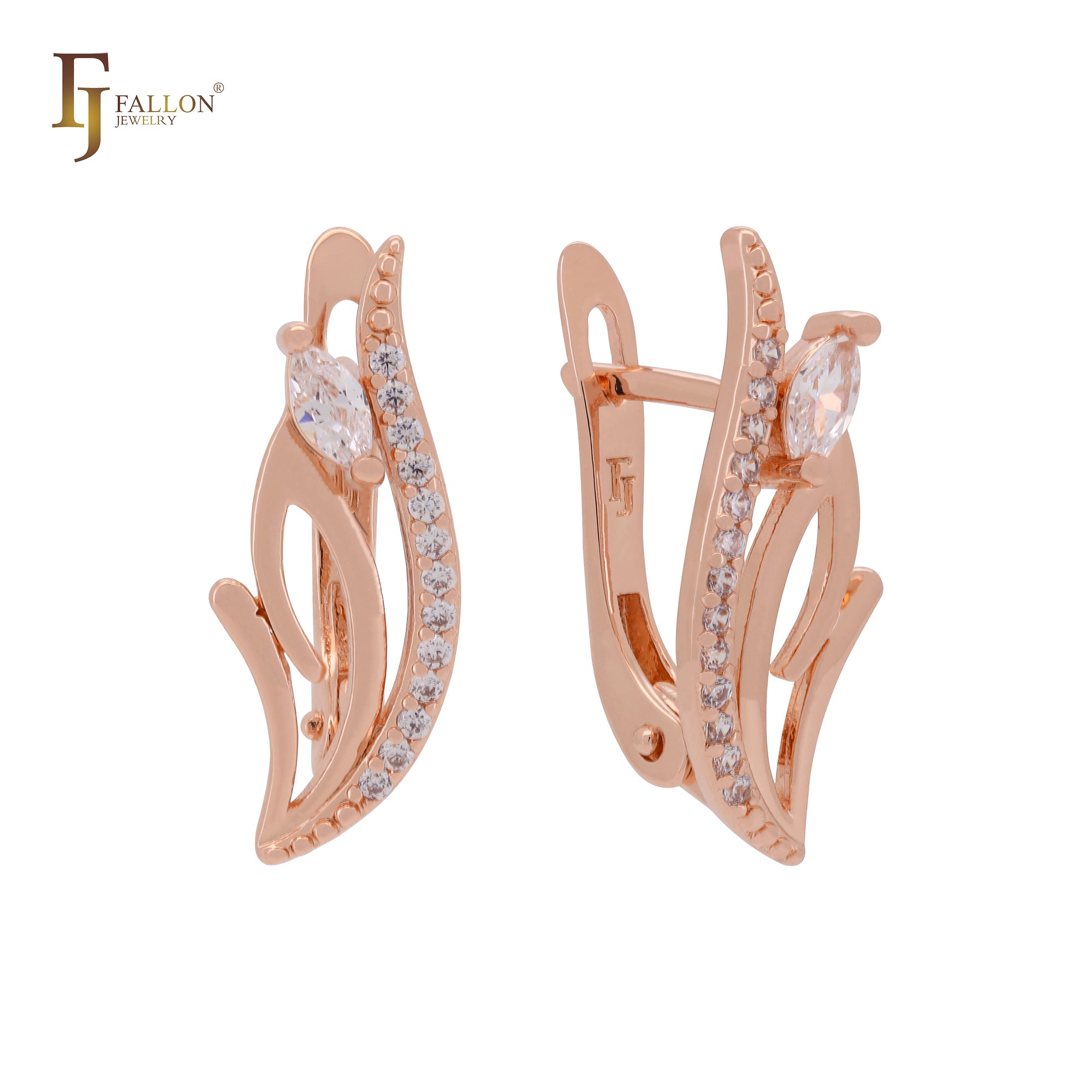 Blooming flower of white Czs Rose Gold Russian Lock Earrings
