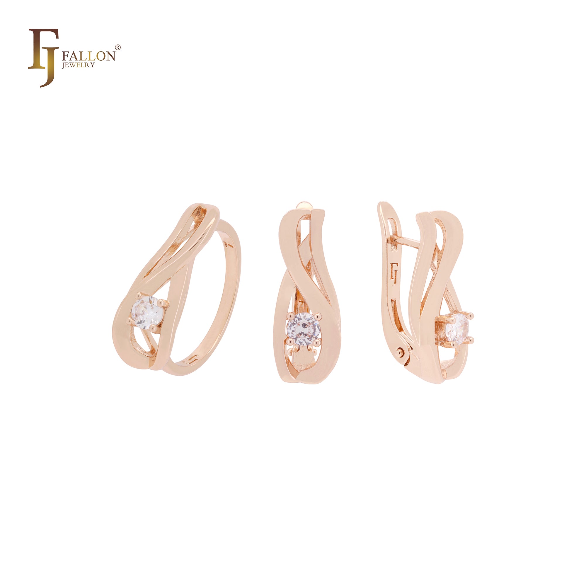 Gedrehtes Band auf einem weißen CZ-Schmuckset aus Roségold mit Ringen