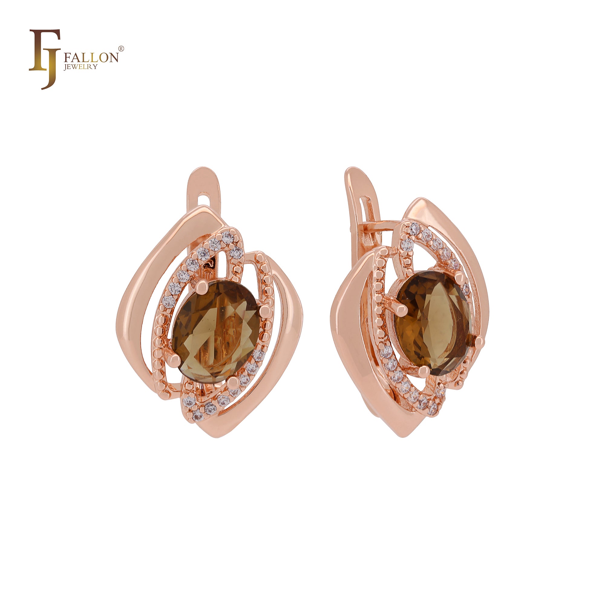 Oval tulip flower Coffe CZ Rose Gold two tone Russian Lock Earrings