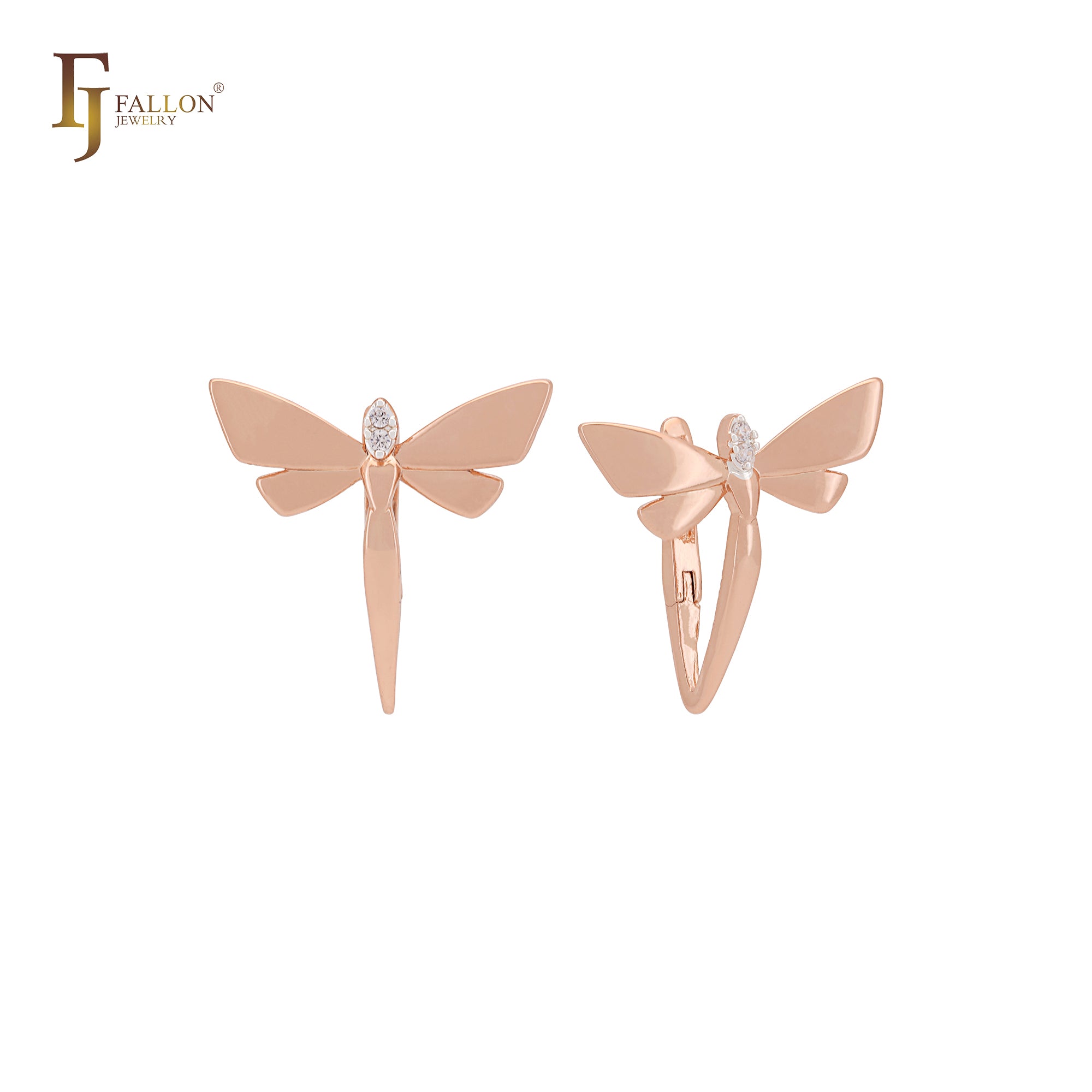 Dragonfly solitaire white CZ Rose Gold Russian Lock Earrings