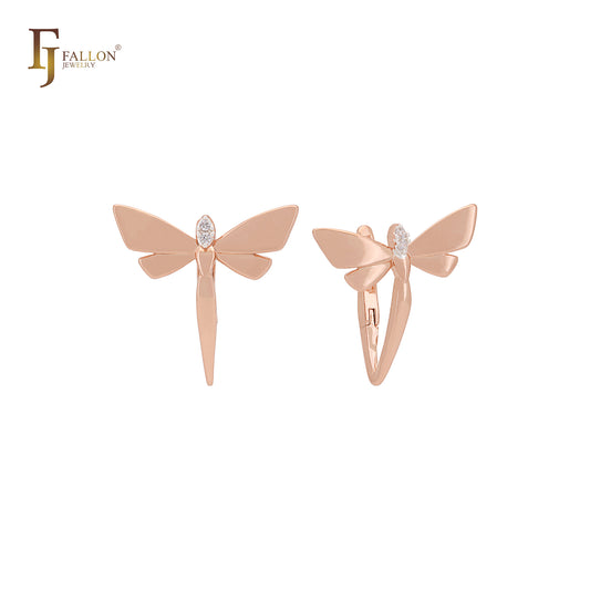 Dragonfly solitaire white CZ Rose Gold Clip-On Earrings
