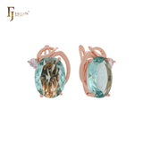 Giant oval big Solitaire white, Orange or lake blue CZ Luxurious Rose Gold Russian Lock Earrings
