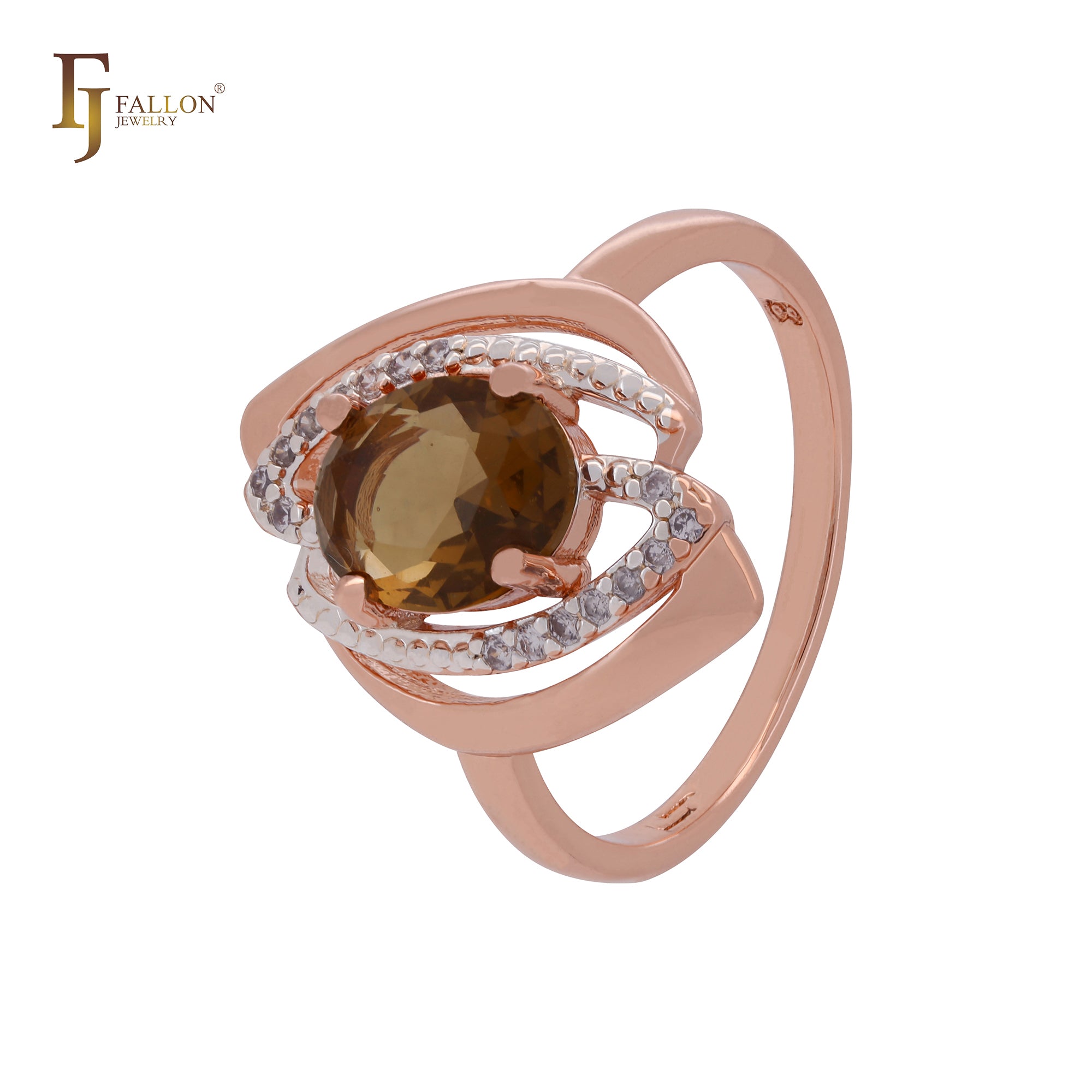 Anillos de moda en dos tonos de oro rosa con circonitas color café y flor de tulipán ovalada