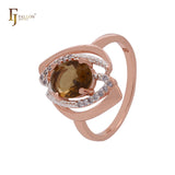 Anillos de moda en dos tonos de oro rosa con circonitas color café y flor de tulipán ovalada