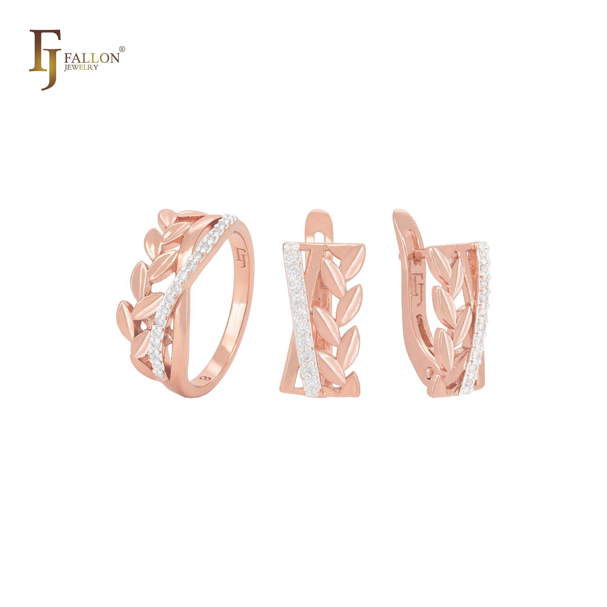 Schmuckset aus Roségold mit tausend Blättern und weißem Zirkonia-Band und Ringen
