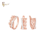 Schmuckset aus Roségold mit tausend Blättern und weißem Zirkonia-Band und Ringen