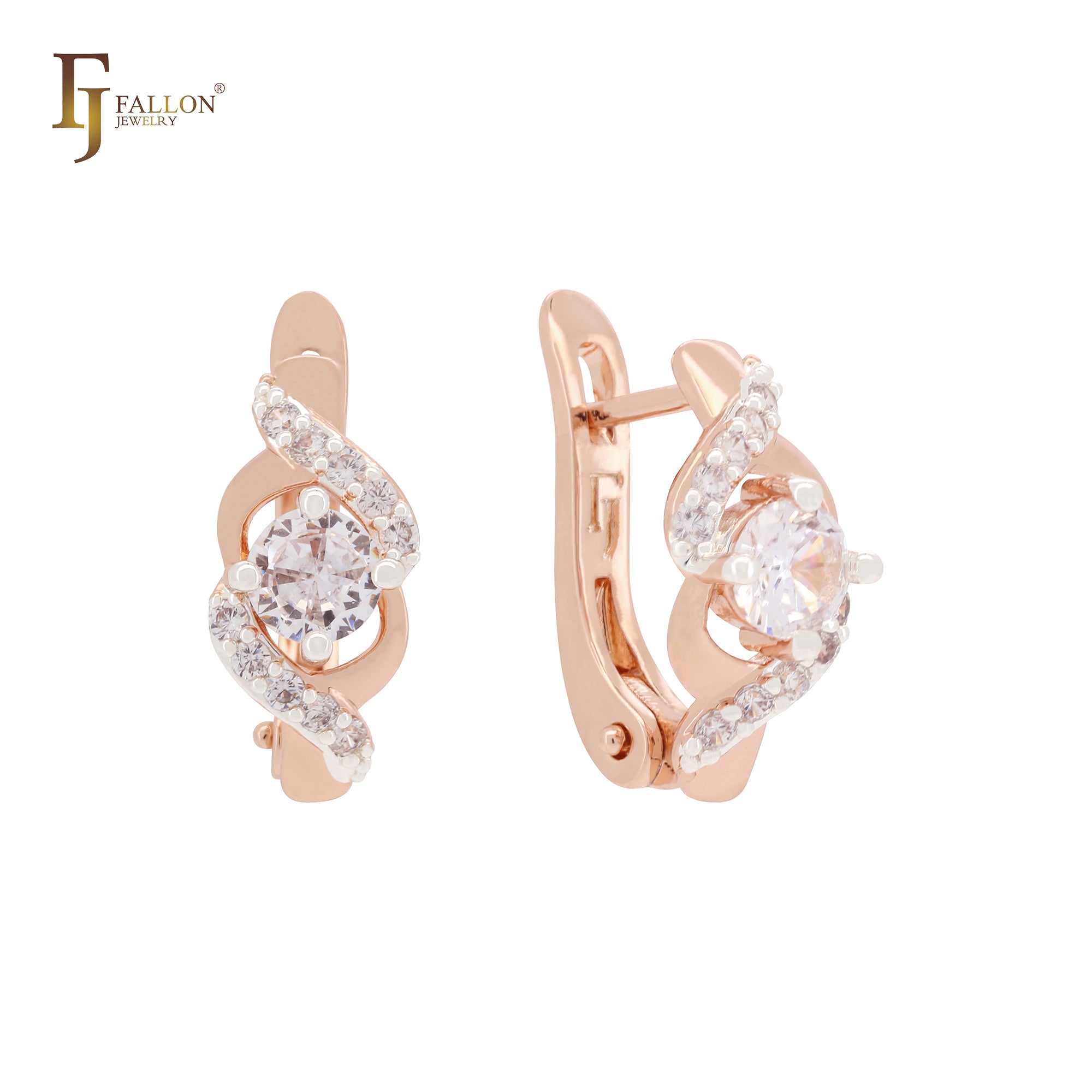 Solitaire white Czs of double twisted bands Rose Gold two tone Russian Lock Earrings