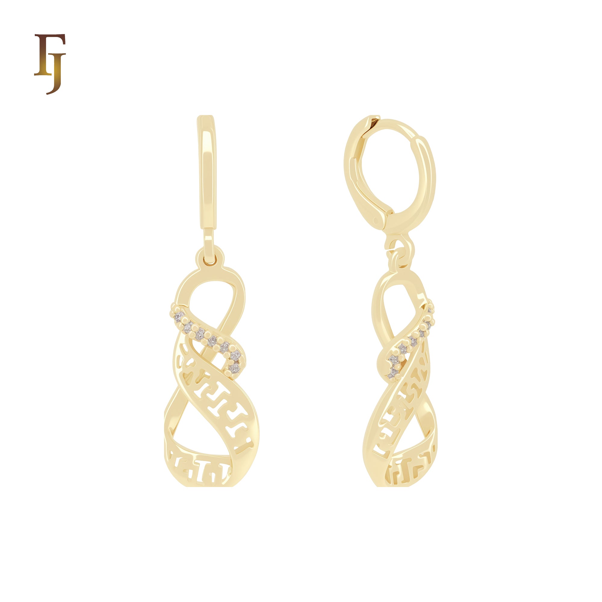 Greek Key meander 14K Gold White CZs drop Huggie Earrings