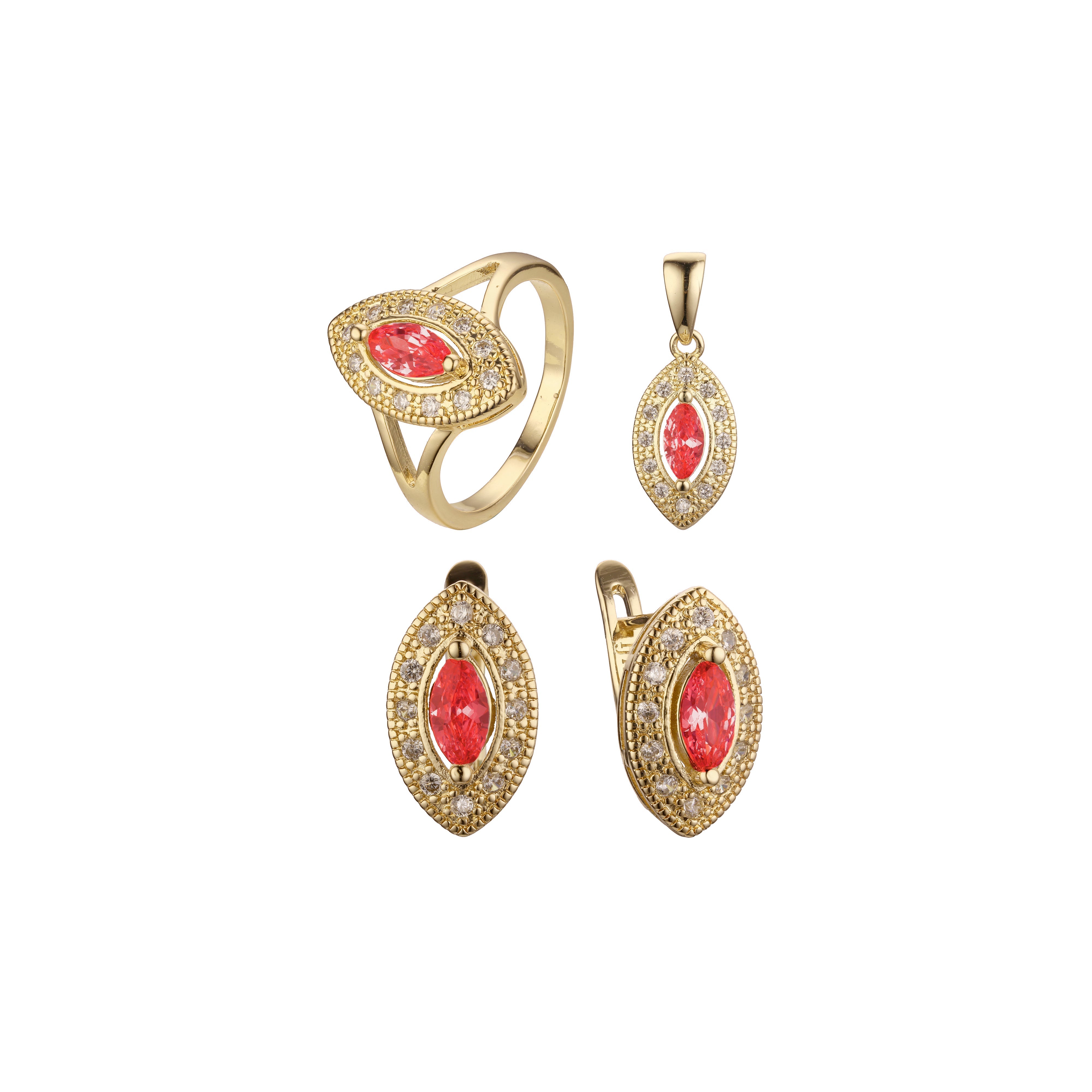 Juego de joyas con piedras grandes Halo Marquise chapado en Oro 14K, oro rosa
