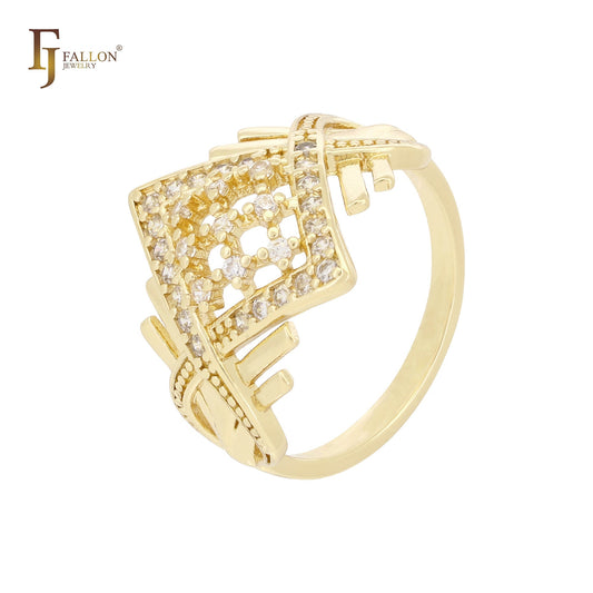 Anel de losangos brancos com zircônias cúbicas em ouro rosa e ouro 14K