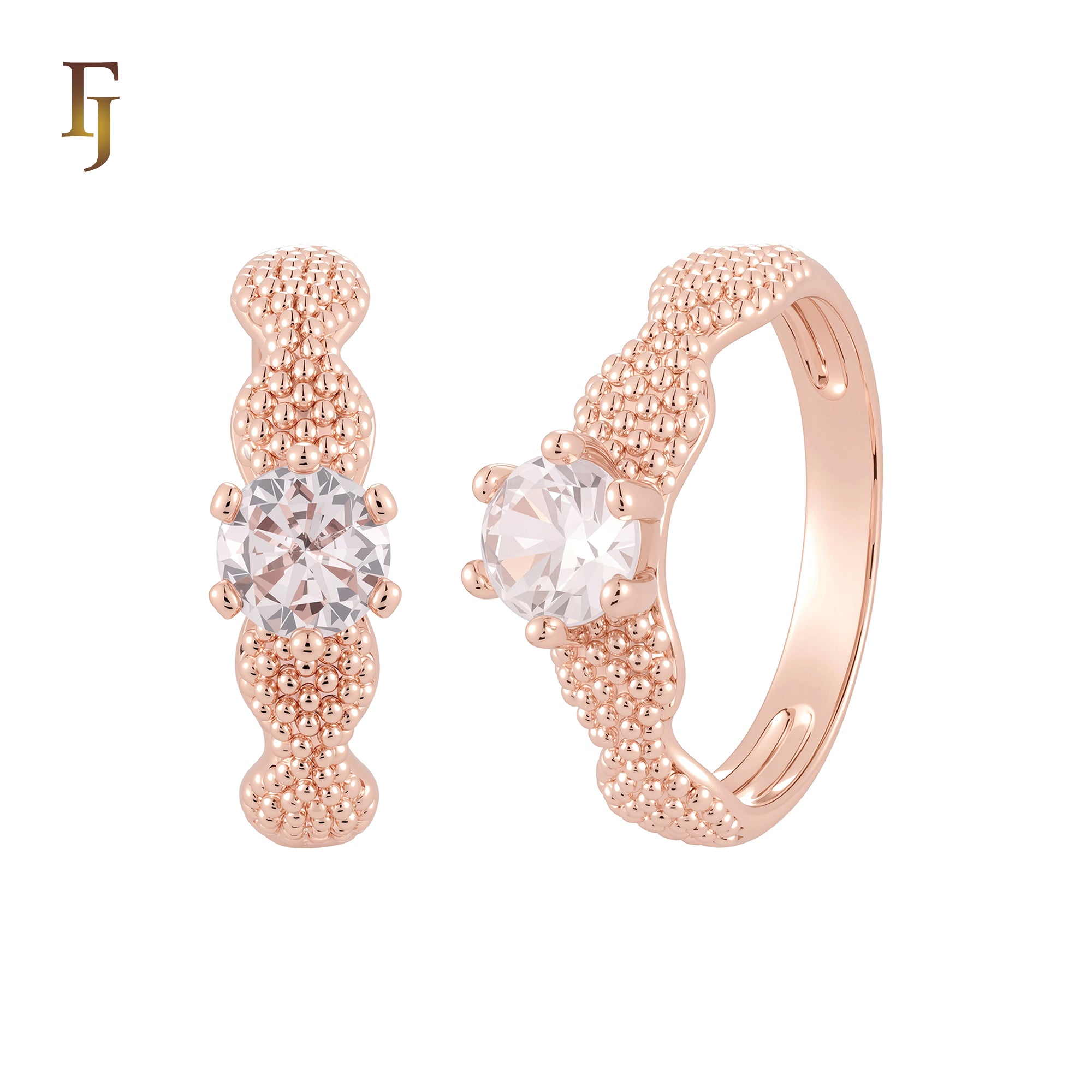 Thousand Beads wavy White CZs 14K Gold, Rose Gold Wedding Set Rings Engagement and Band
