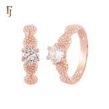 Thousand Beads wavy White CZs 14K Gold, Rose Gold Wedding Set Rings Engagement and Band