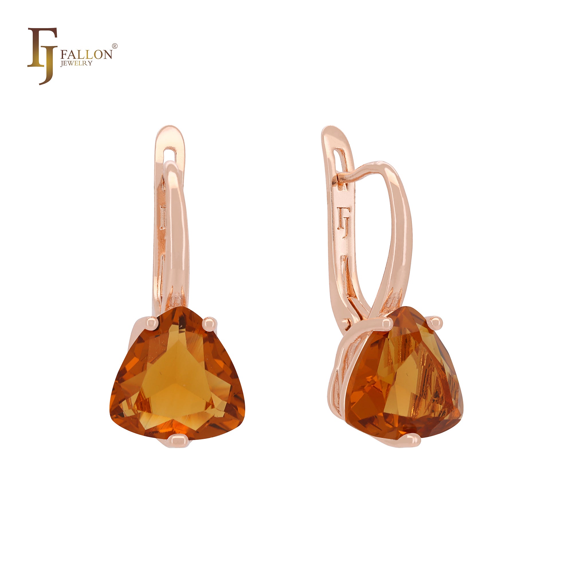 Solitaire triangular white or Colorful CZ Rose Gold Russian Lock Earrings