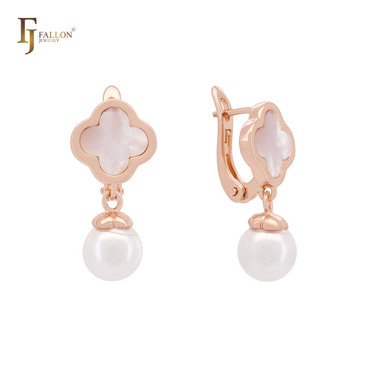 Pearl with Clover of white or Black Rose Gold Clip-On Earrings
