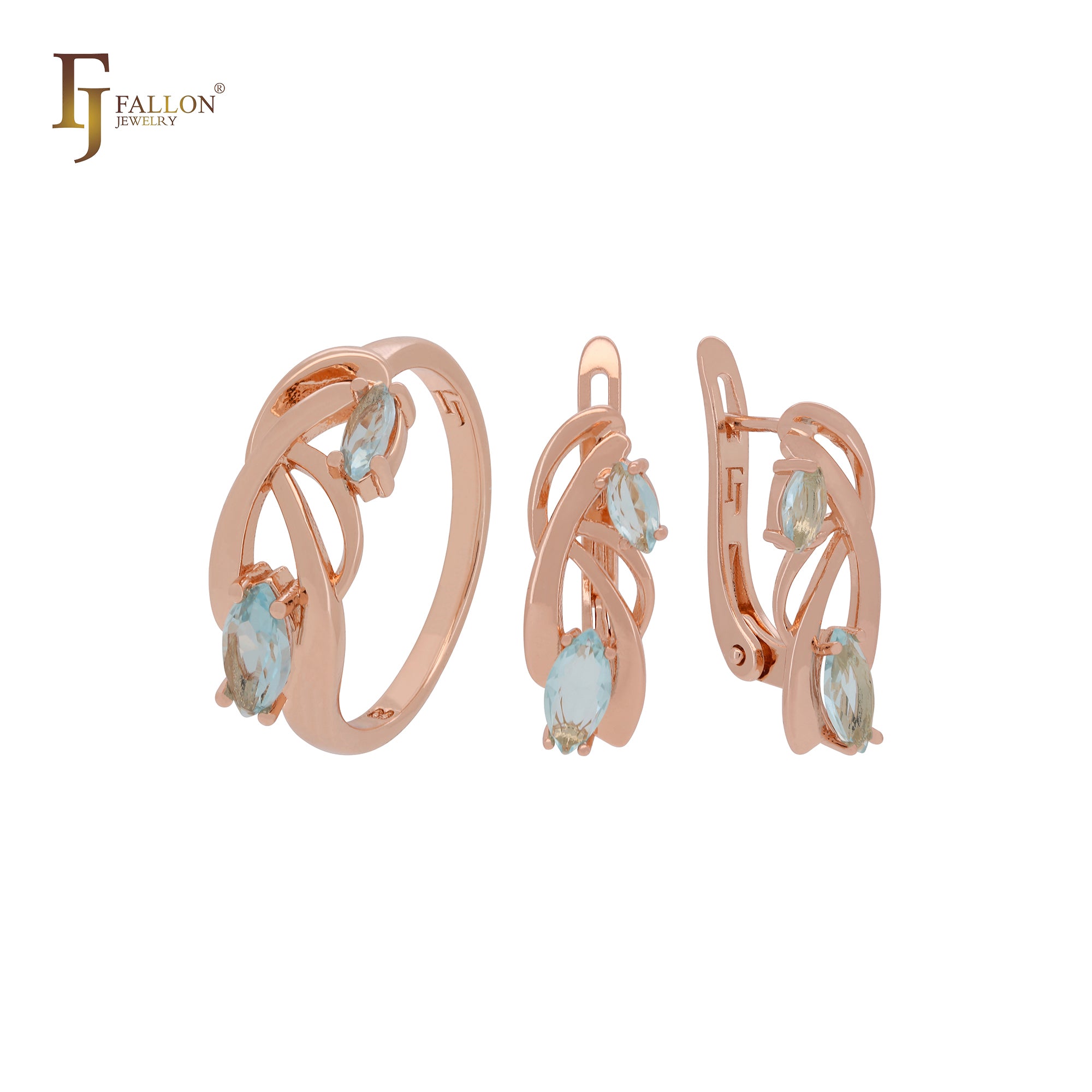 Zweige aus doppeltem seeblauem Marquise-CZs-Schmuckset aus Roségold mit Ohrringen