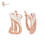 Triple rows interlocking with white CZs Rose Gold Russian Lock Earrings