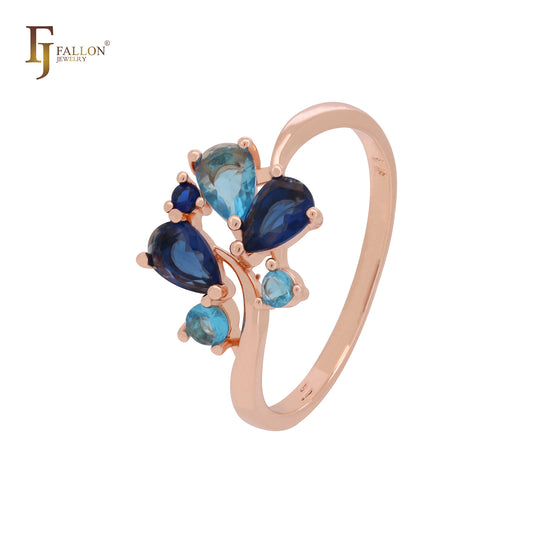 Anillos de compromiso de oro rosa con ramas en flor y circonitas azules