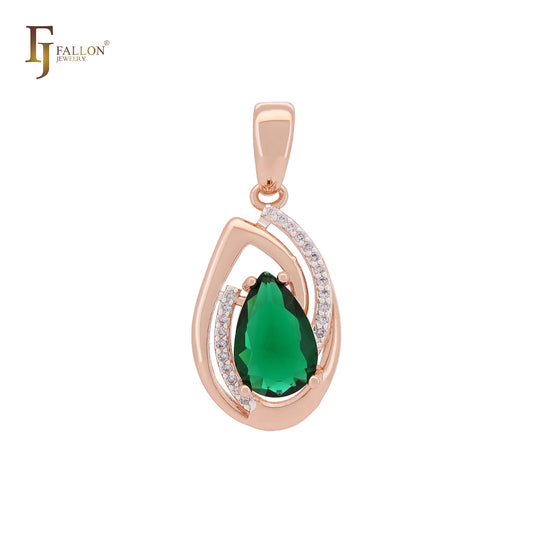 Double teardrop shaped leaves of white CZ solitaire CZ Rose Gold two tone Solitaire Pendant