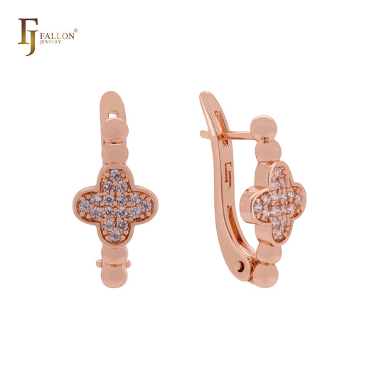 Clover of white CZs Rose Gold Russian Lock Earrings