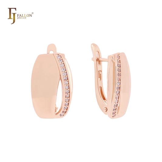 Oval flank white CZs Rose Gold Russian Lock Earrings