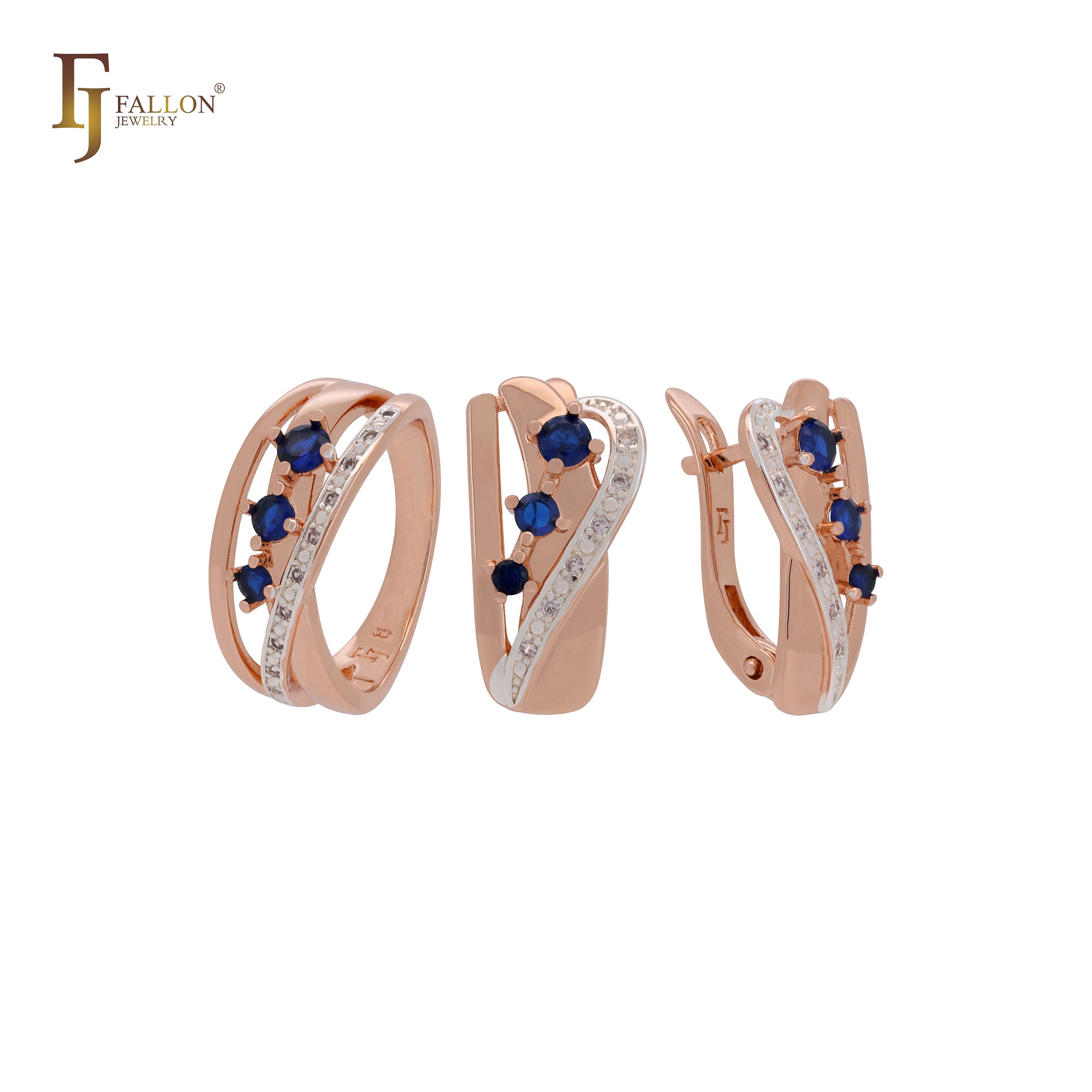 Conjunto de joias de dois tons com anéis e três zircônias azuis e brancas em ouro rosa